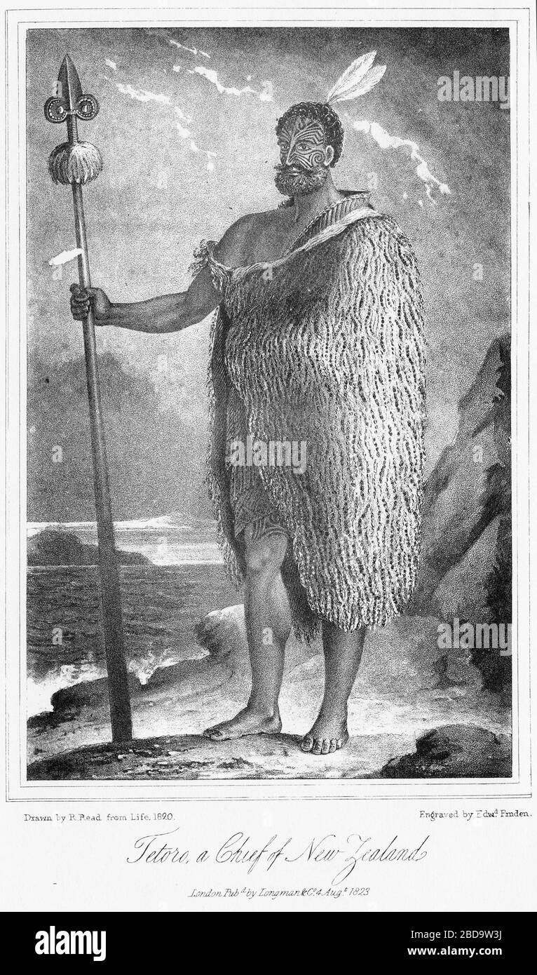 Engraving of the Maori Chief Tetora, from the frontispiece of the book Ten Months Residence in New Zealand, published 1824 Stock Photo