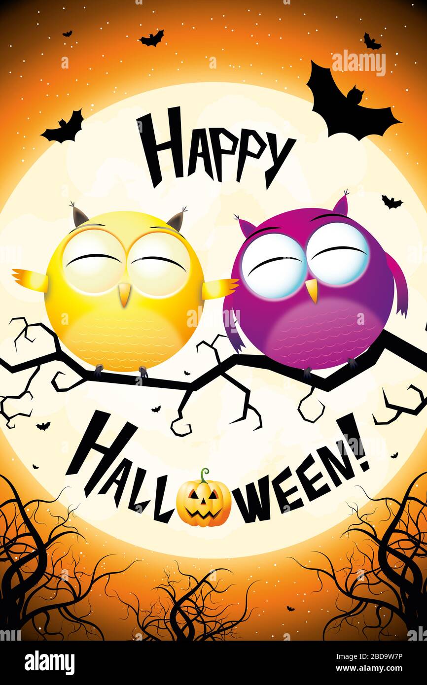 Happy Halloween card with cartoon owls Stock Photo