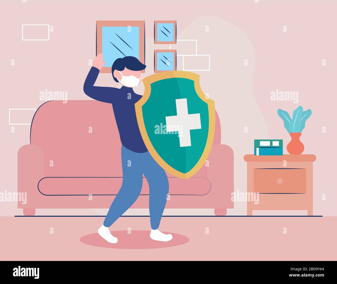 man fighting coronavirus with a big shield over house living room ...