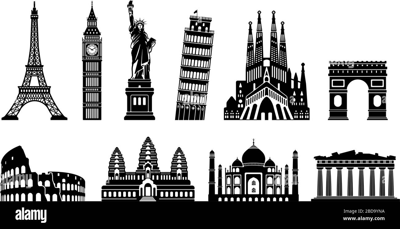 World famous buildings monochrome vector illustration set ( world heritage ) / Statue of liberty, Eiffel tower etc. Stock Vector
