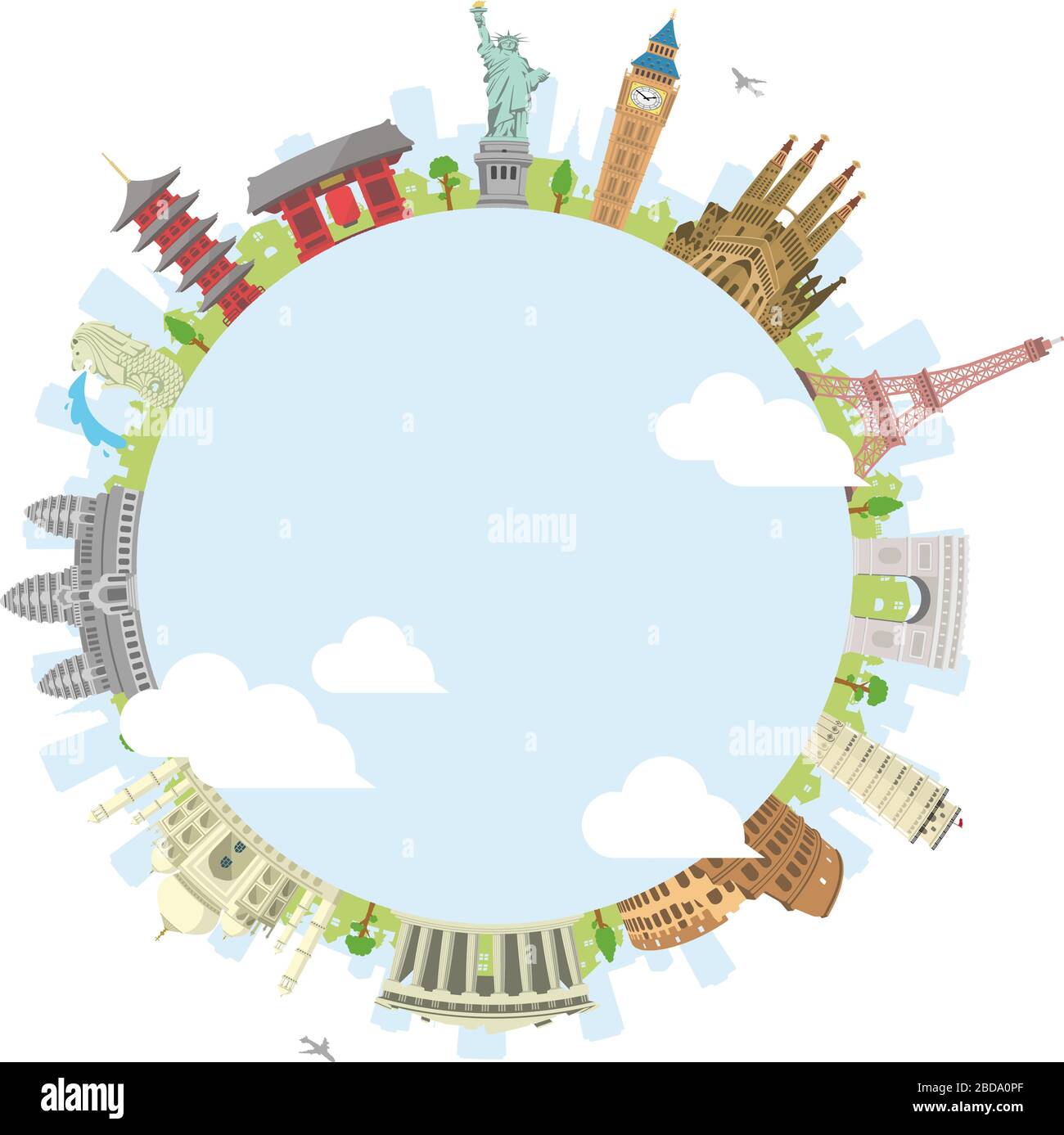 world travel circular vector illustration ( world famous buildings / world heritage ) / blue blank space in the center Stock Vector