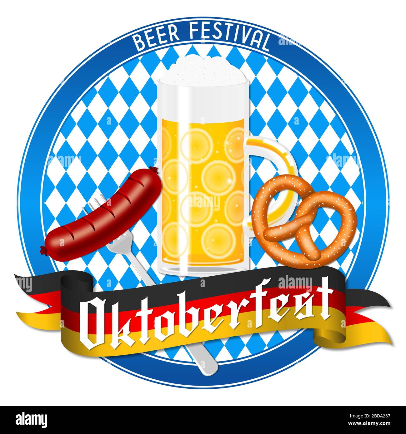 Oktoberfest illustration - beer, sausage, pretzel Stock Photo