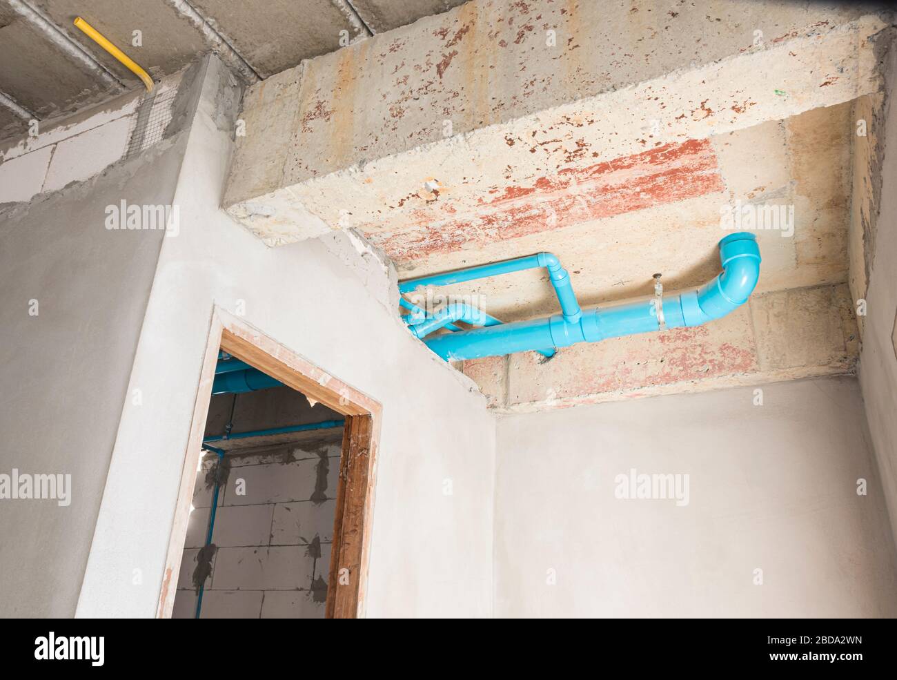 PVC tube in water piping system and draining system installation under concrete floor in under