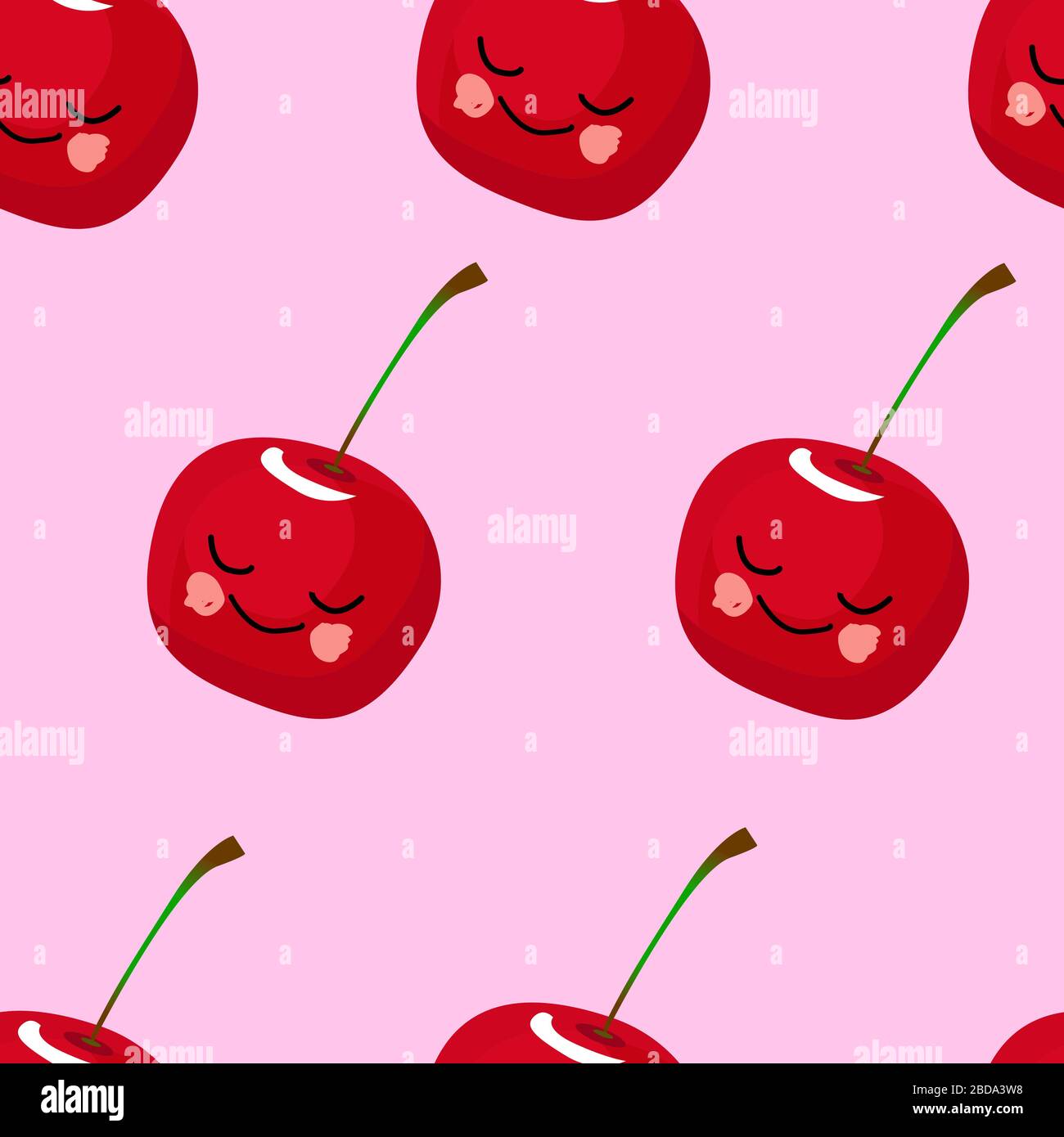 SEAMLESS fruit pattern cherry red Funny cute faces character. Kitchen textile or wrapping paper Stock Vector