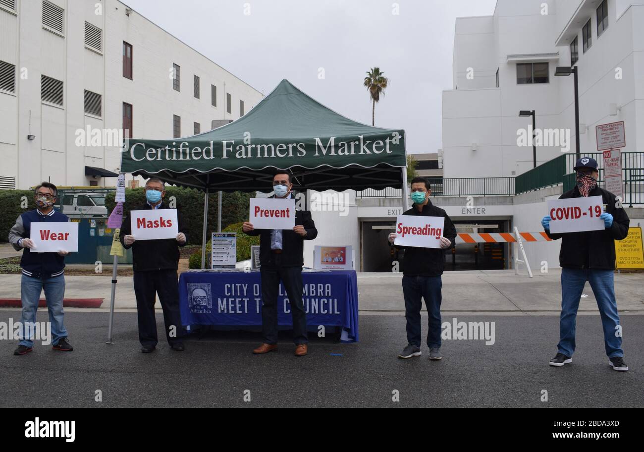 Los Angeles, USA. 8th Apr, 2020. Alhambra Mayor Ross Maza (C), former Mayor  Stephen Sham (2nd, L) pose to recommend local residents wear face masks to  prevent the spread of COVID-19 in