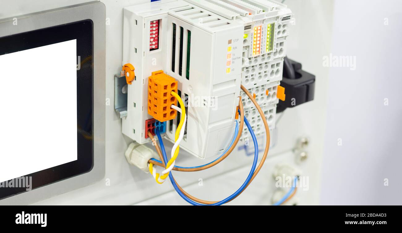 fieldbus coupler is for use for a small data width in the process image to digital process data. ; digital engineering background Stock Photo