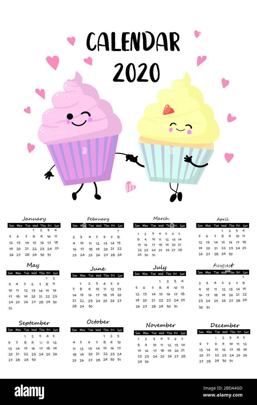 2020 cute baby calendar for one page. Desserts. Muffin or Cake