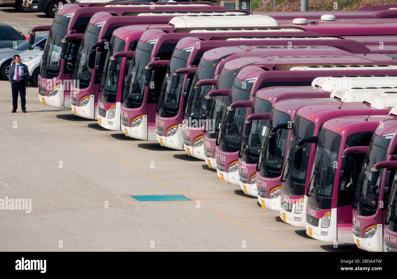 Tourism hit by the new coronavirus, Apr 6, 2020 : A driver is seen in front of tour buses which stopped running amid the spread of the COVID-19 at a parking lot in Seoul, South Korea. South Korean Prime Minister Chung Sye-Kyun said on April 8 that the country will temporarily suspend visa-free entry and visa waiver programs with countries imposing entry bans on Koreans as South Korea tries to block imported cases of the COVID-19 coronavirus, local media reported. Credit: Lee Jae-Won/AFLO/Alamy Live News Stock Photo