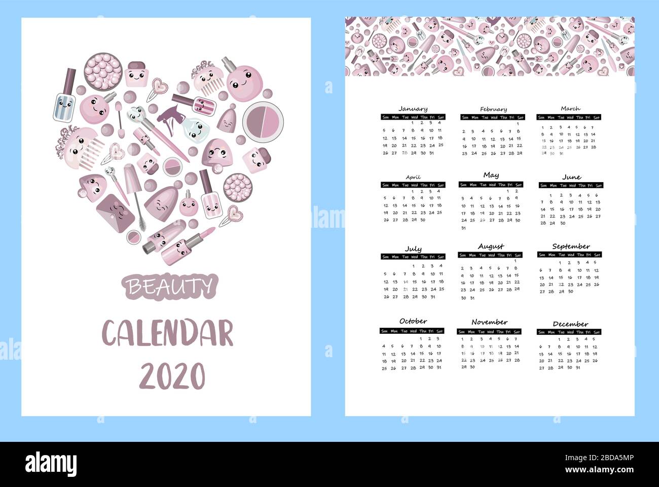 Calendar 2020. beauty and spa. Banner for a beauty salon or hairdresser. Lipstick, perfume, mascara, comb. Rosy tender color. White background. Stock Vector