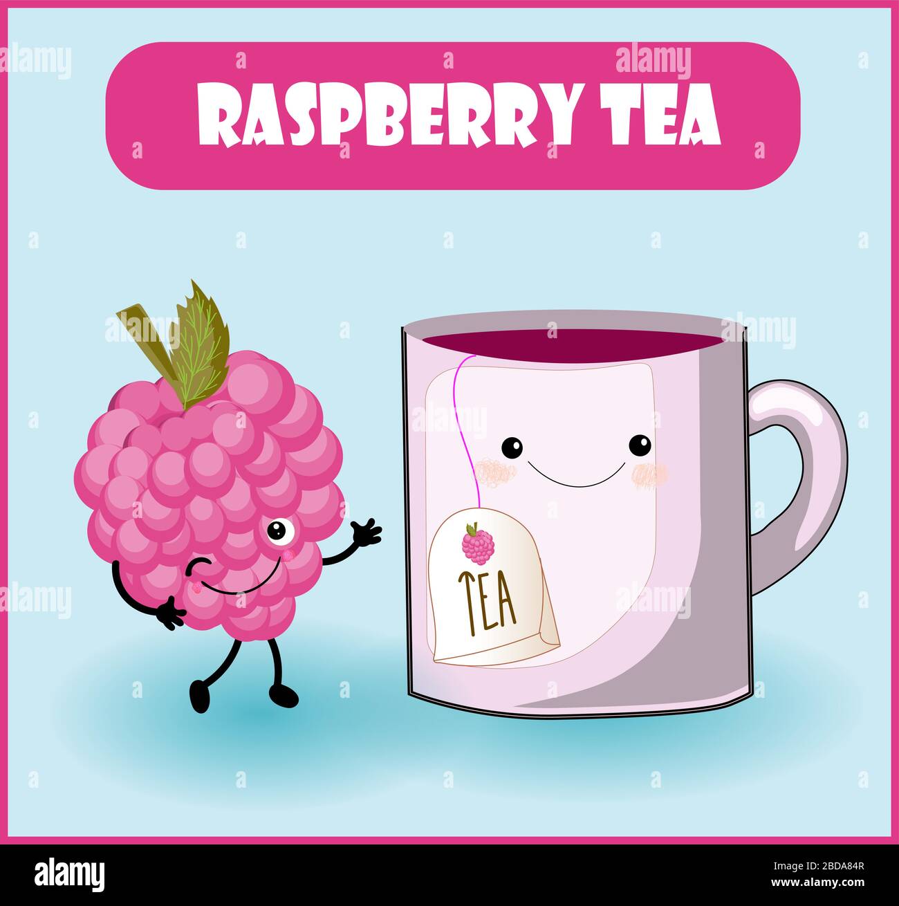 raspberry tea. Cup character, a funny berry with a face, eyes and a smile. Healthy food. Vitamins and minerals autumn. Stock Vector