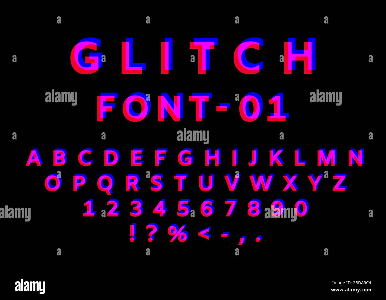 Glitch font with distortion effect. English letters, numbers and symbols  with glitch effect. Red and blue channels. Vector. Eps 10 Stock Vector  Image & Art - Alamy