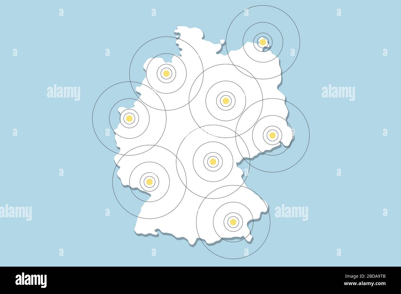 Mobile Phone Tracking political theme in Germany. Illustration with map of Germany and mobile phones. Stock Photo