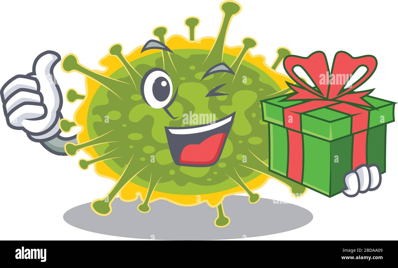 Smiling insthoviricetes cartoon character having a green gift box Stock Vector