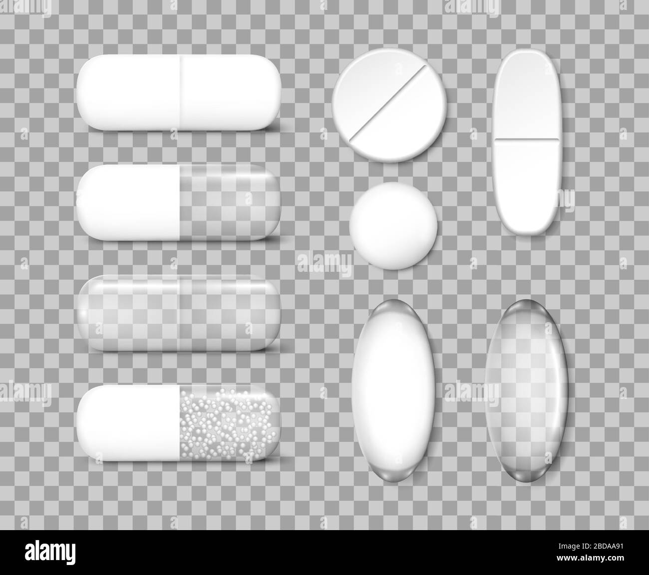 Medicine painkiller pills template. Antibiotic drugs and vitamin pill Mockup. Vector illustration Stock Vector
