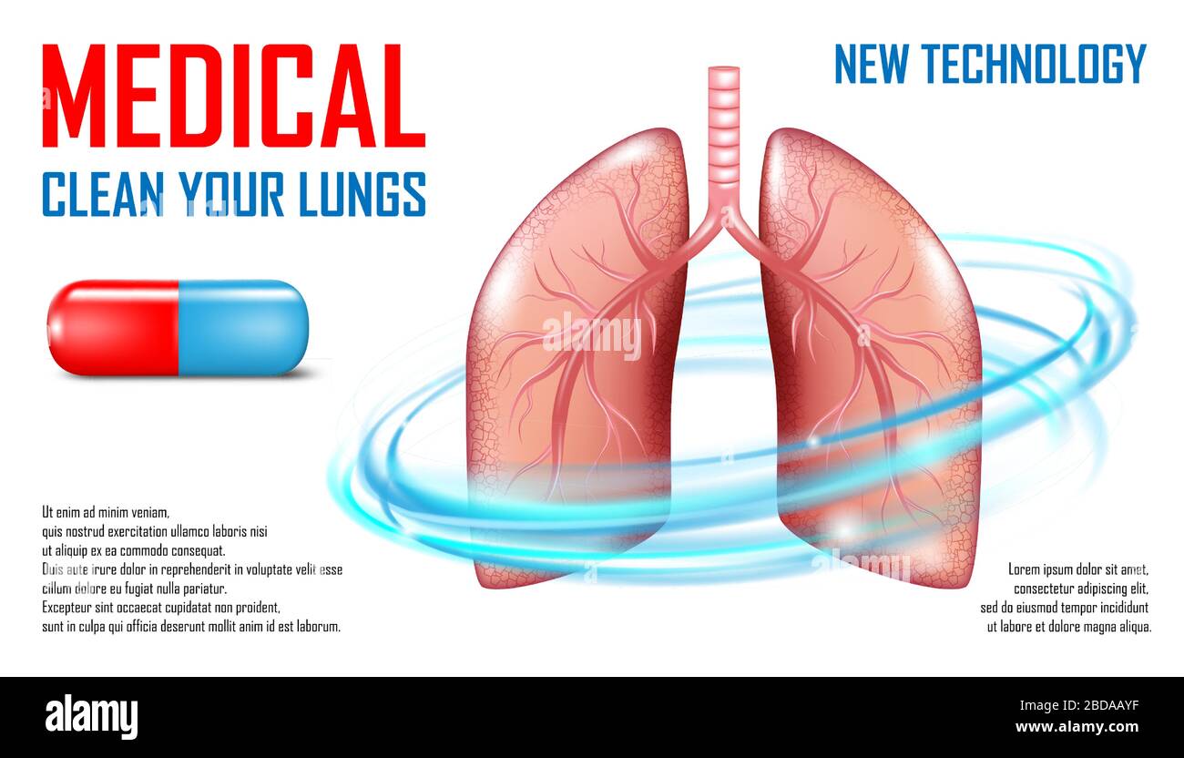 Lungs diagnosis banner. Medical care Concept. Respiratory system disease. Pills or capsule for pulmonary fibrosis, tuberculosis, pneumonia treatment Stock Vector