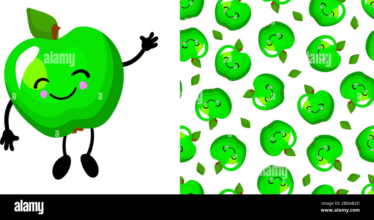 Green apple character. Cute funny apple. Fruit seamless vector pattern. Bright colors.. Stock Vector