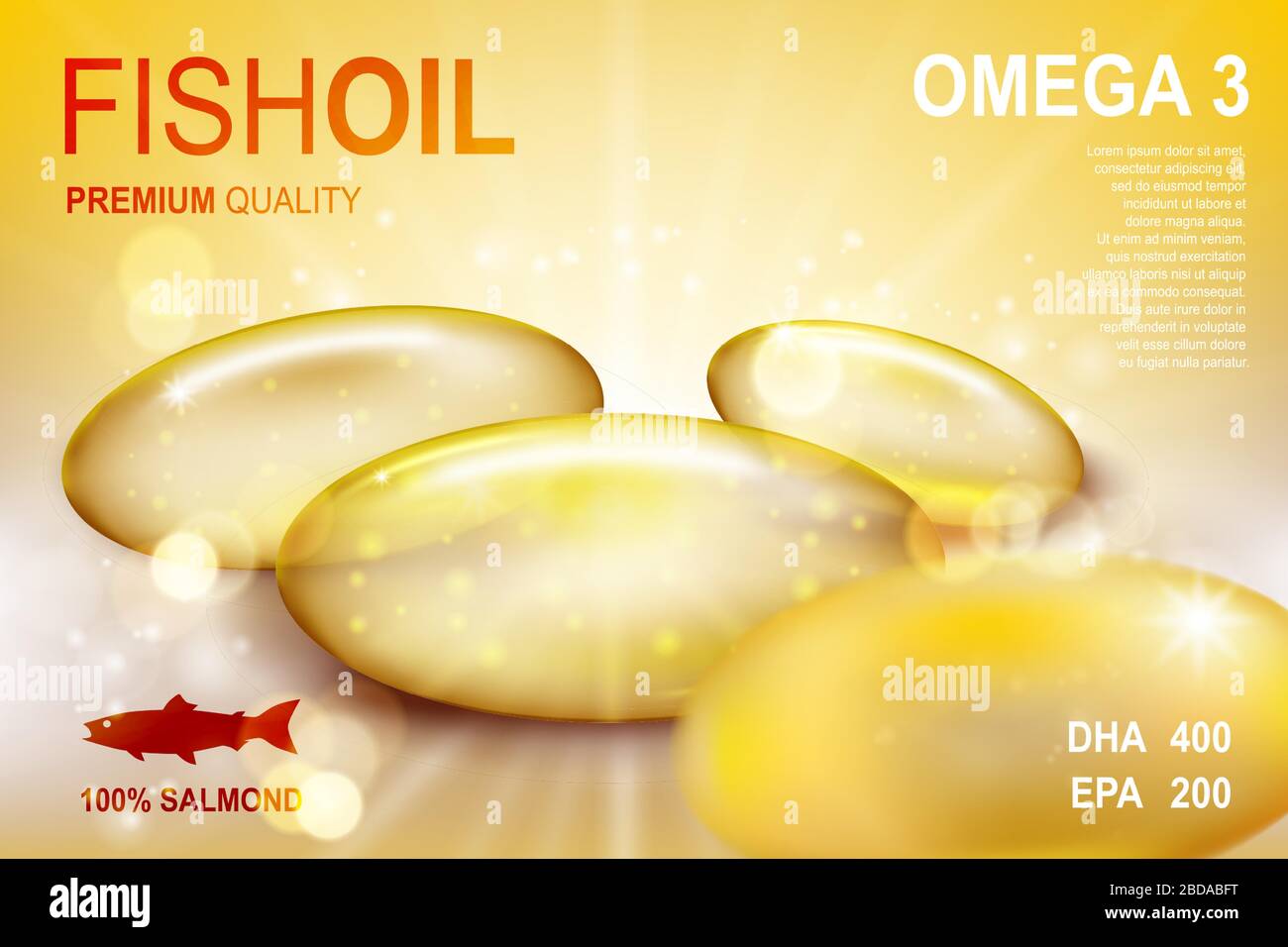 Fish oil ads template, omega-3 or vitamin E softgel capsule on golden background. Realistic Vector 3D illustration. Stock Vector