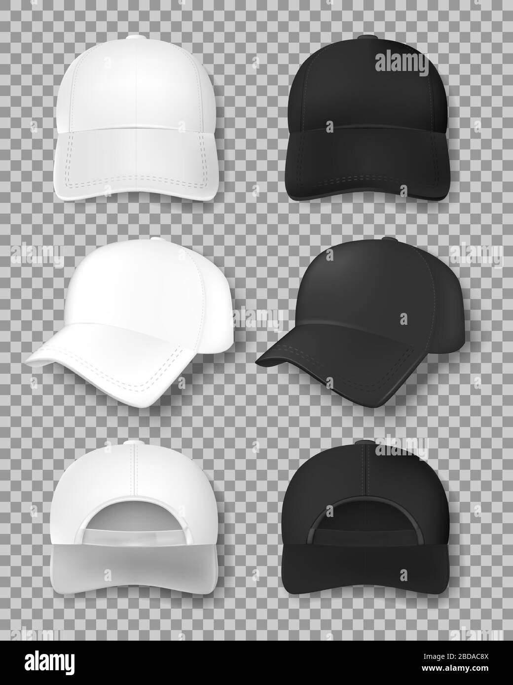 Realistic Baseball cap mockup isolated on transparent background. White and black textile cap front, back and side view. Uniform hat template. Vector Stock Vector