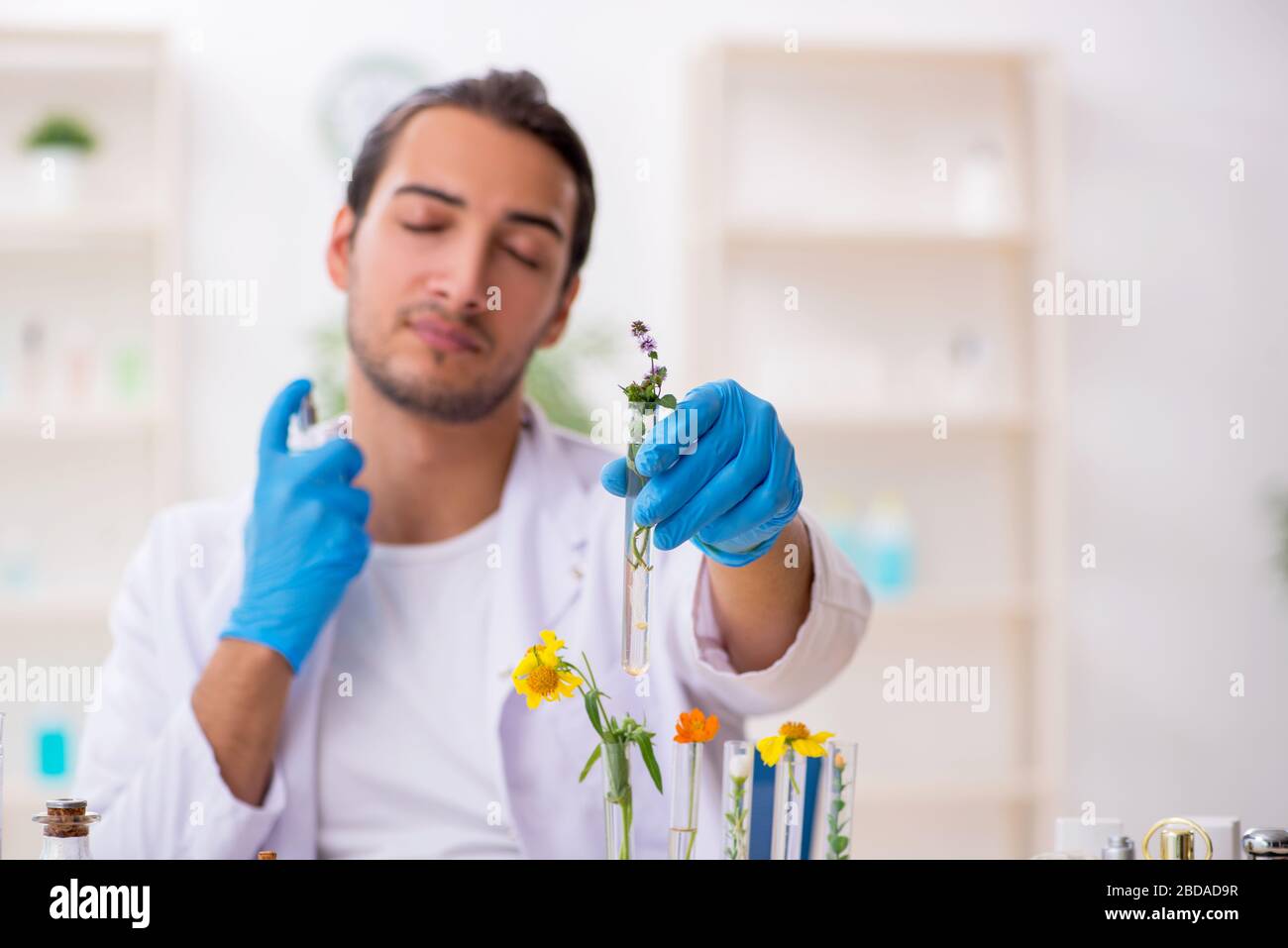Young chemist in perfume synthesis concept Stock Photo Alamy
