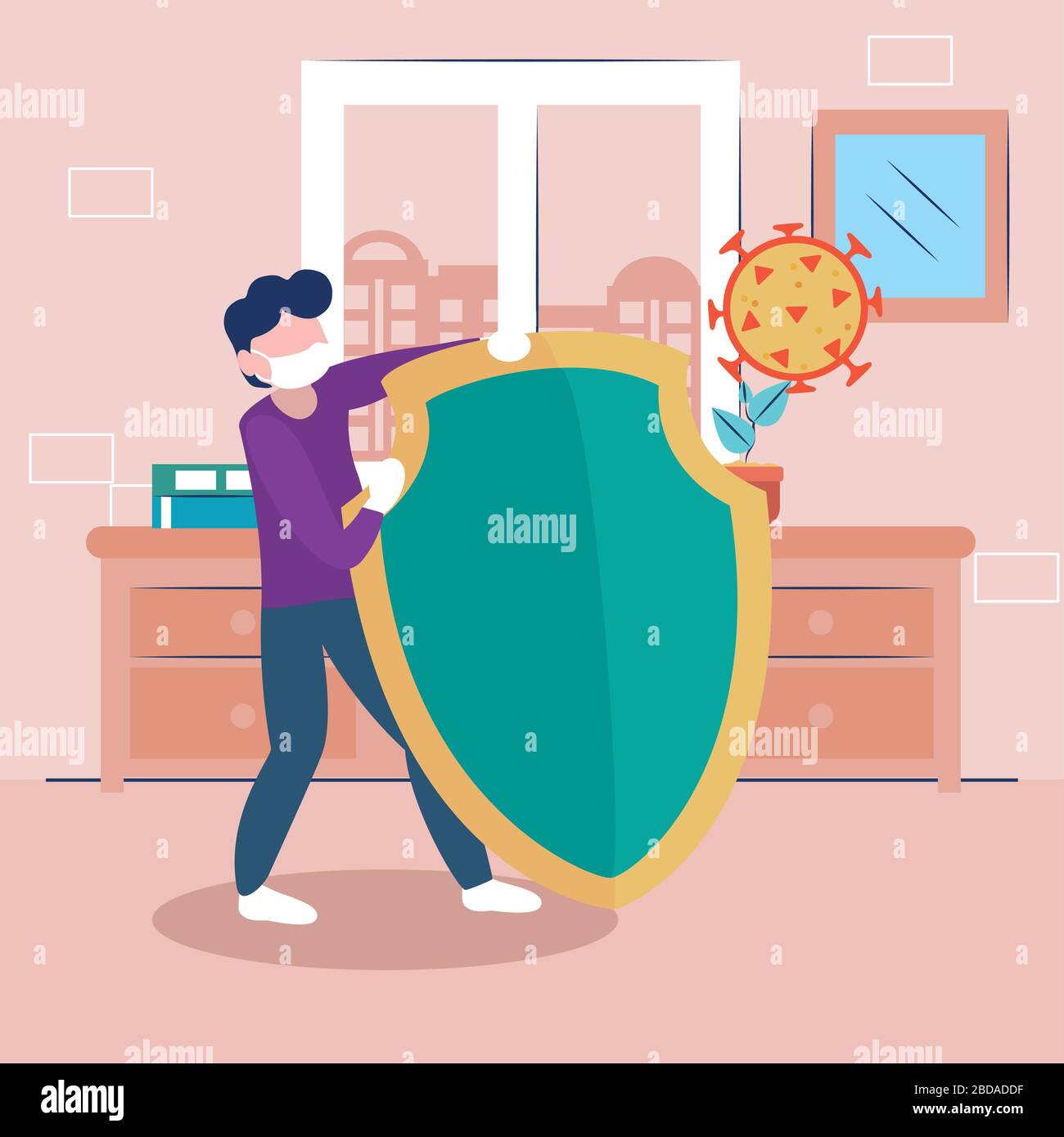 man fighting coronavirus with a big shield over house room background ...