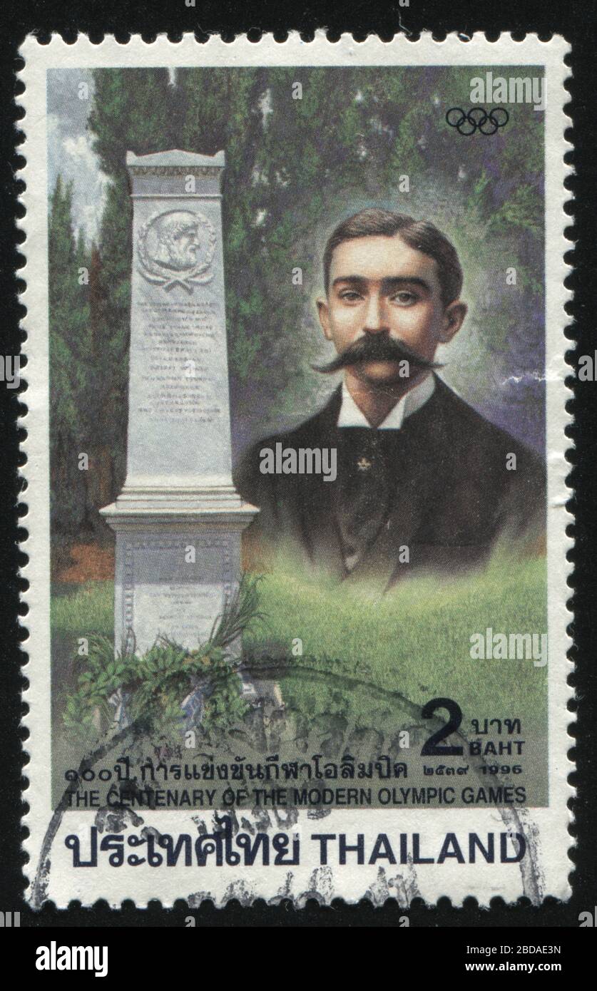 RUSSIA KALININGRAD, 2 JUNE 2016: stamp printed by Thailand shows Pierre de Coubertin, circa 1996 Stock Photo