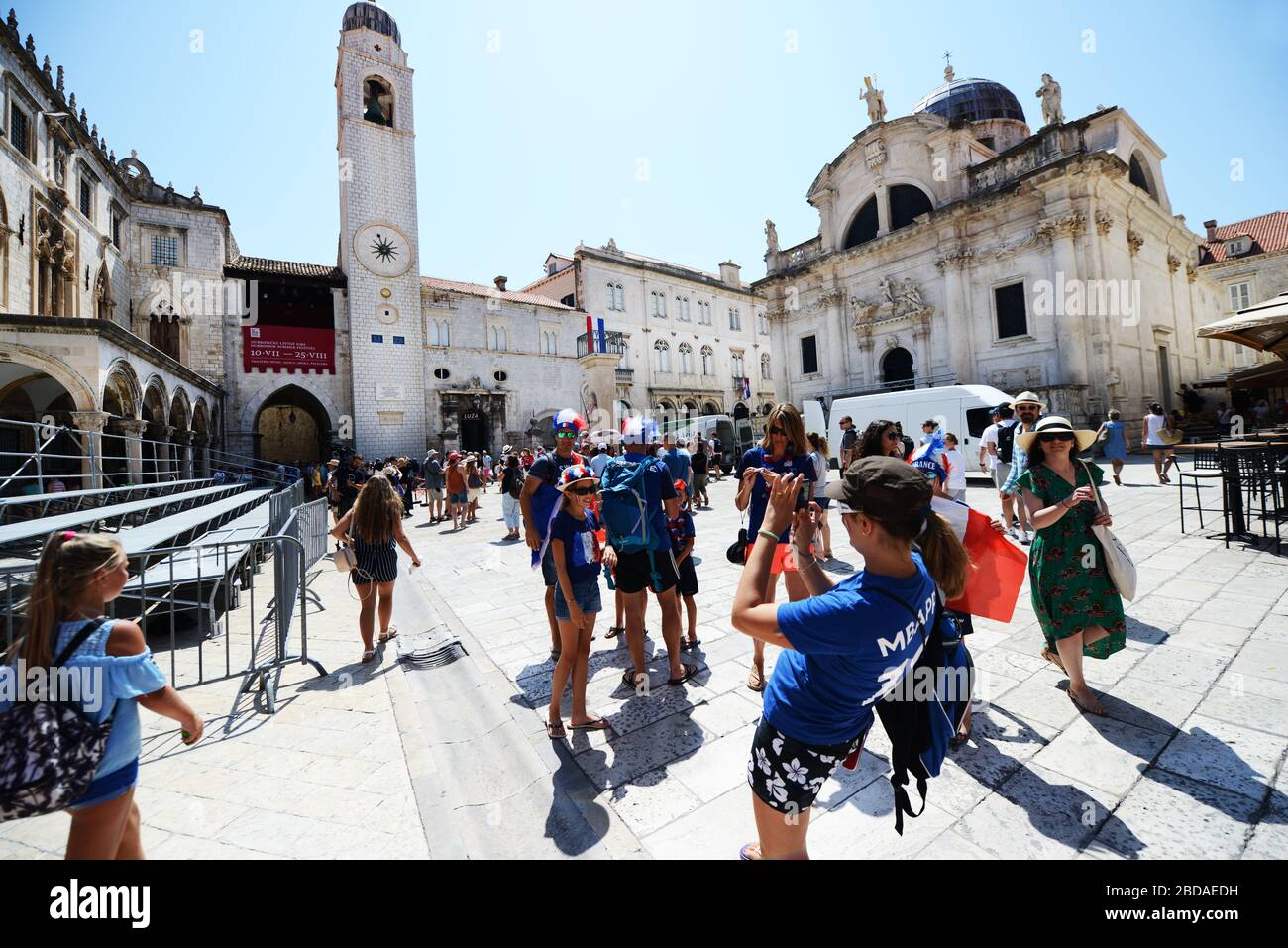 French football fans, preparing for the 2018 world cup final, in the old town of Dubrovnik, Croatioa. Stock Photo