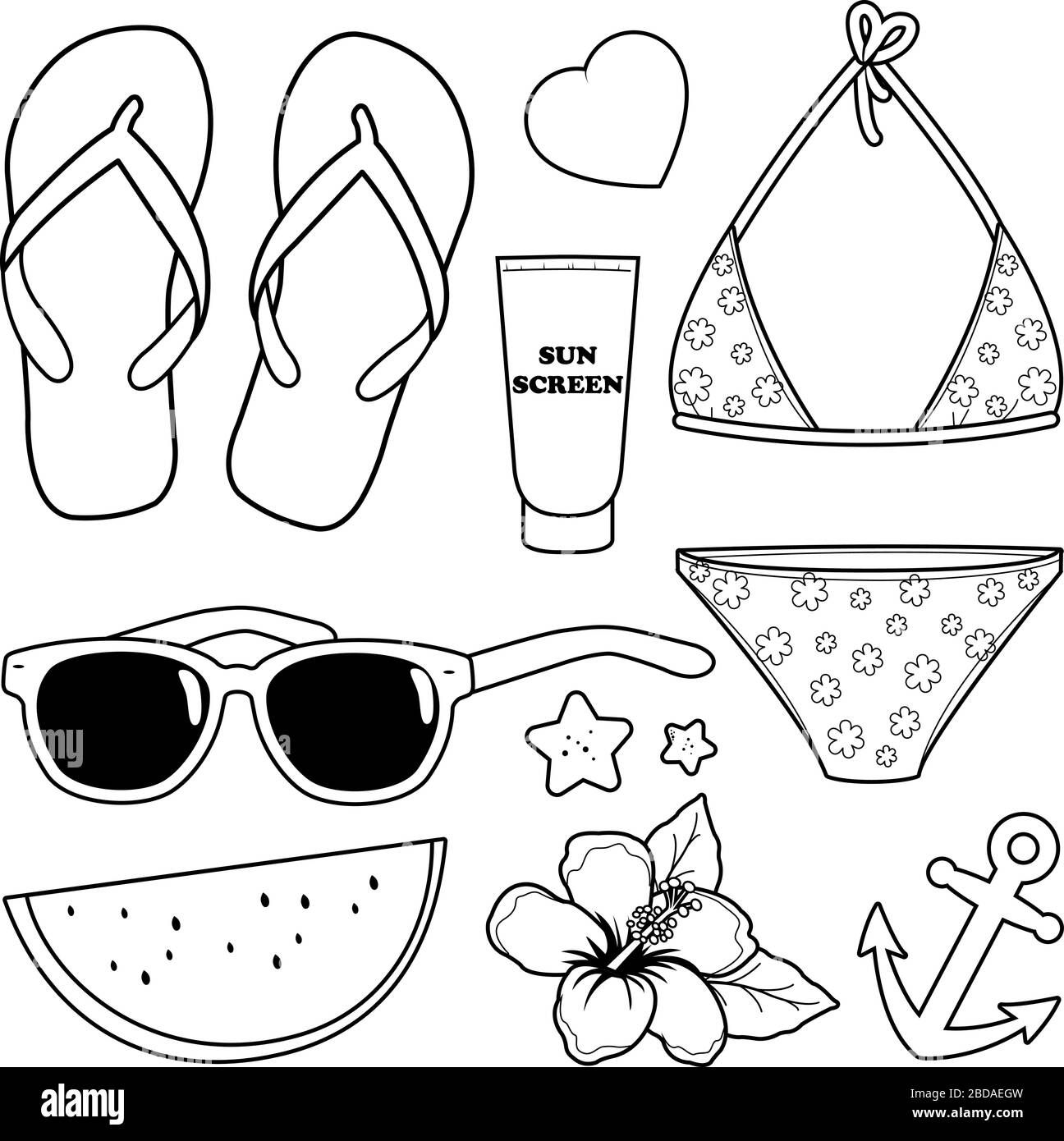 Beach summer vacation design elements. Vector black and white coloring ...