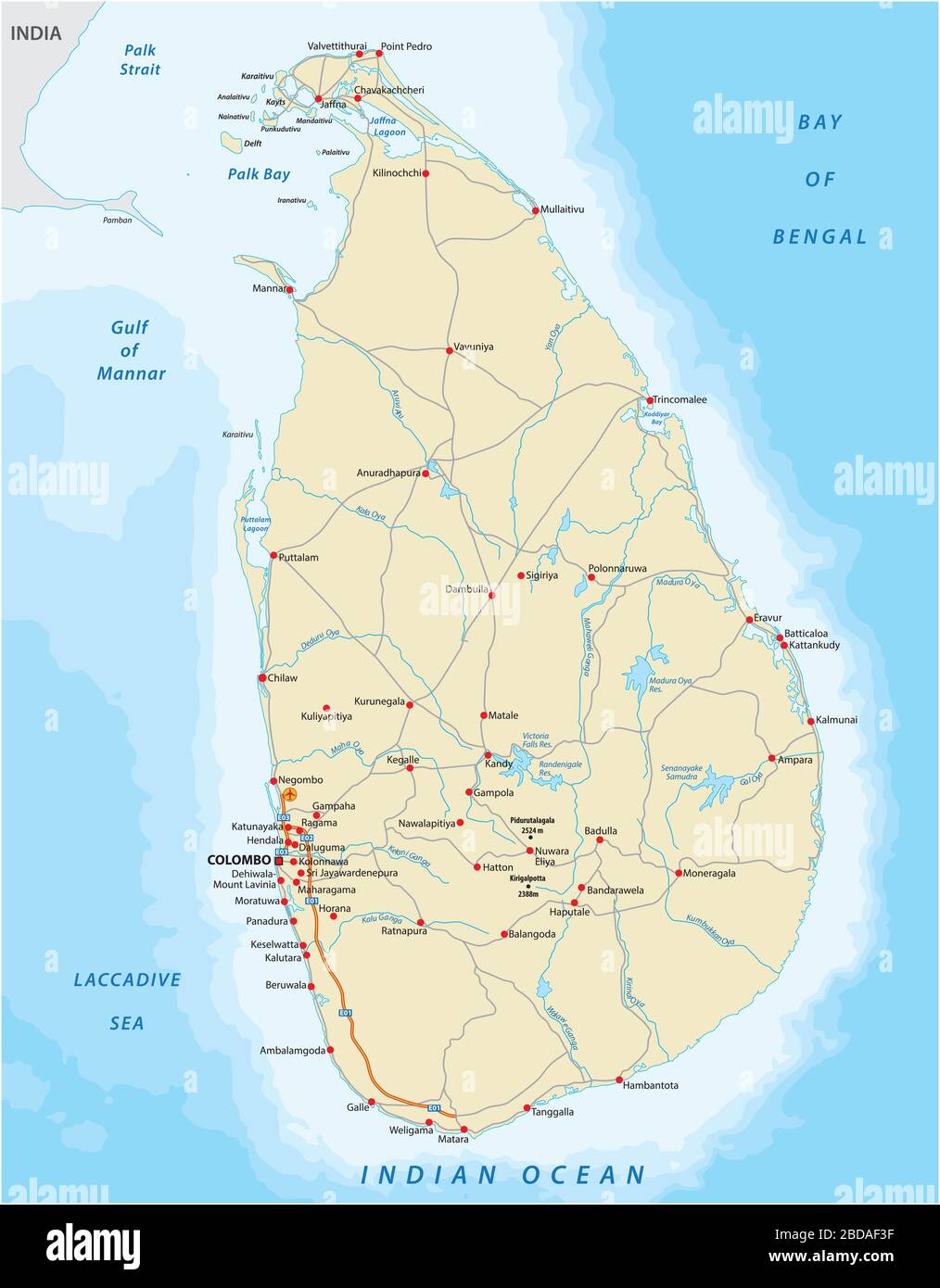 Vector color map of Sri Lanka country with important cities and roads Stock Vector