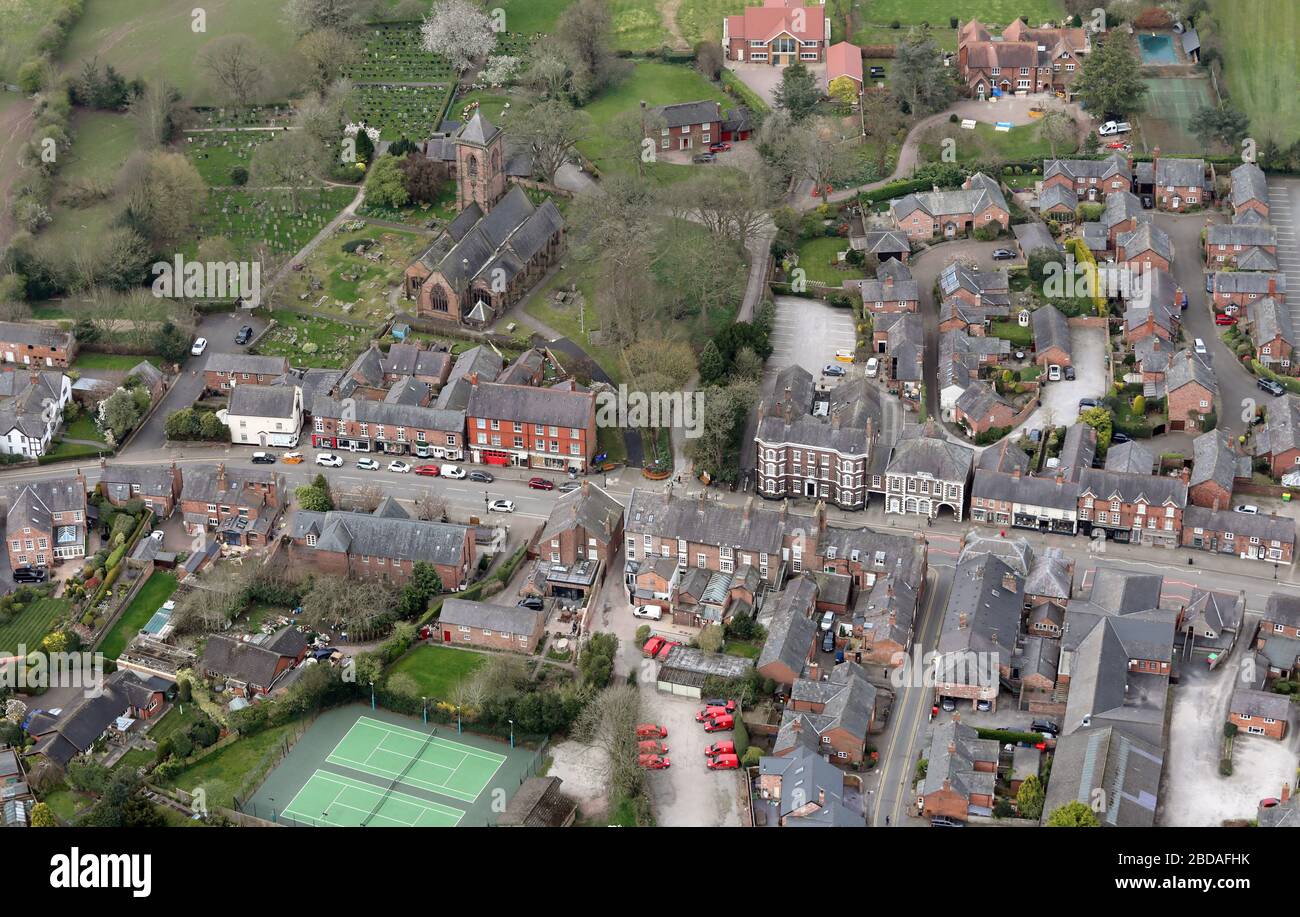 aerial view of the High Street in Tarporley, Cheshire including the The Swan & St Helen's Church Stock Photo