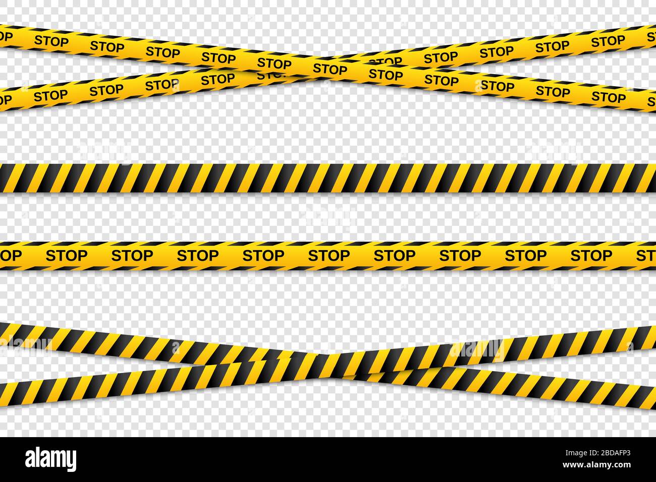 Warning yellow and black seamless tapes on transparent background. Safety fencing ribbon. Vector illustration Stock Vector