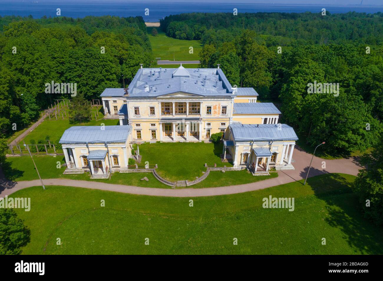 PETERHOF, RUSSIA - JUNE, 2019: Aerial view of the old palace of the Dukes of Leuchtenberg on a sunny June day. Manor 'Sergievka' in Old Peterhof Stock Photo