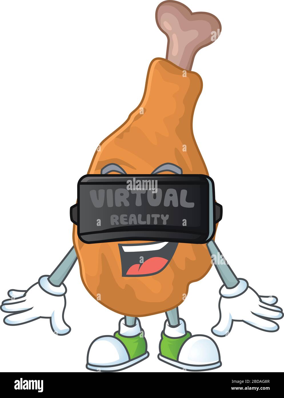 A cartoon mascot of fried chicken enjoying game with Virtual reality