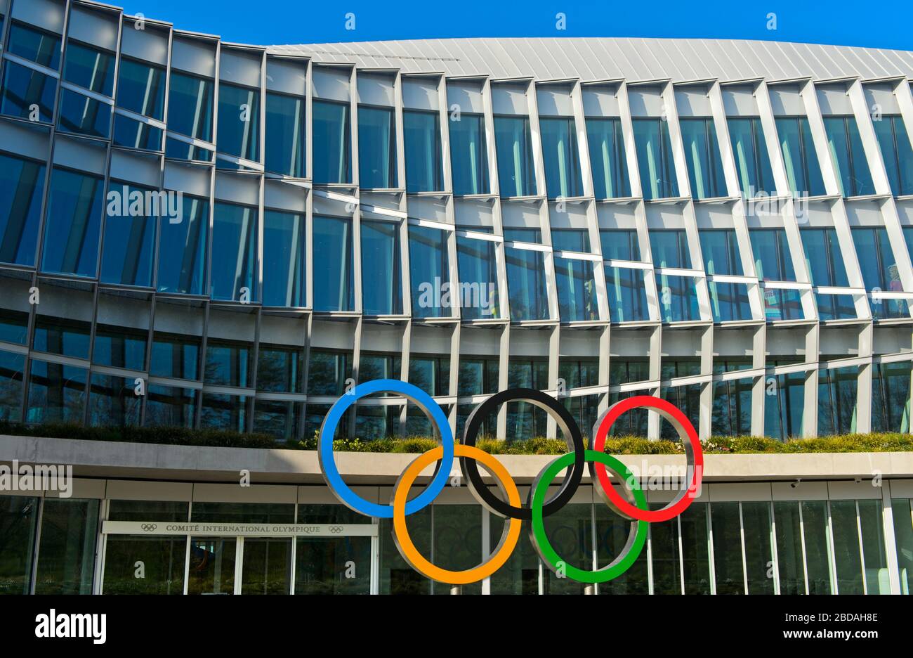 The Olympic rings at the headquarters of the International Olympic Committee, IOC, Lausanne, Switzerland Stock Photo