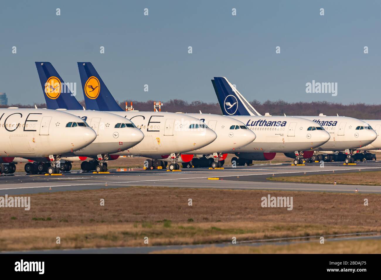 Frankfurt, Germany - April 7, 2020: Lufthansa Airbus A330 and A340 grounded and stored at Frankfurt airport (FRA) in the Germany. Airbus is an aircraf Stock Photo
