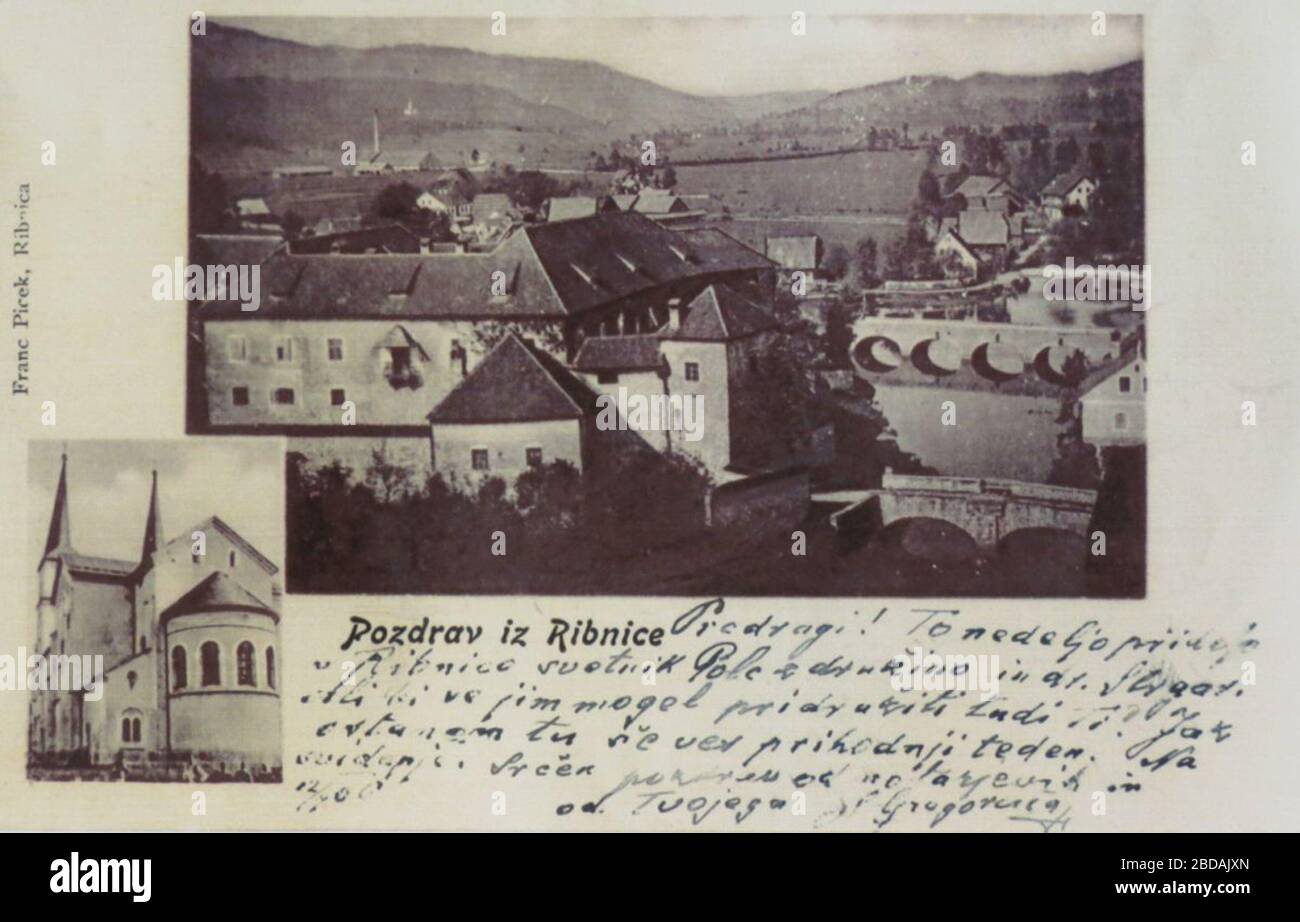 'English: Postcard of Ribnica, written by Simon Gregorčič; 1906; http://www.rtvslo.si/kultura/razglednice-preteklosti/zadnje-pocitnice-simona-gregorcica/313612; Unknown author; ' Stock Photo