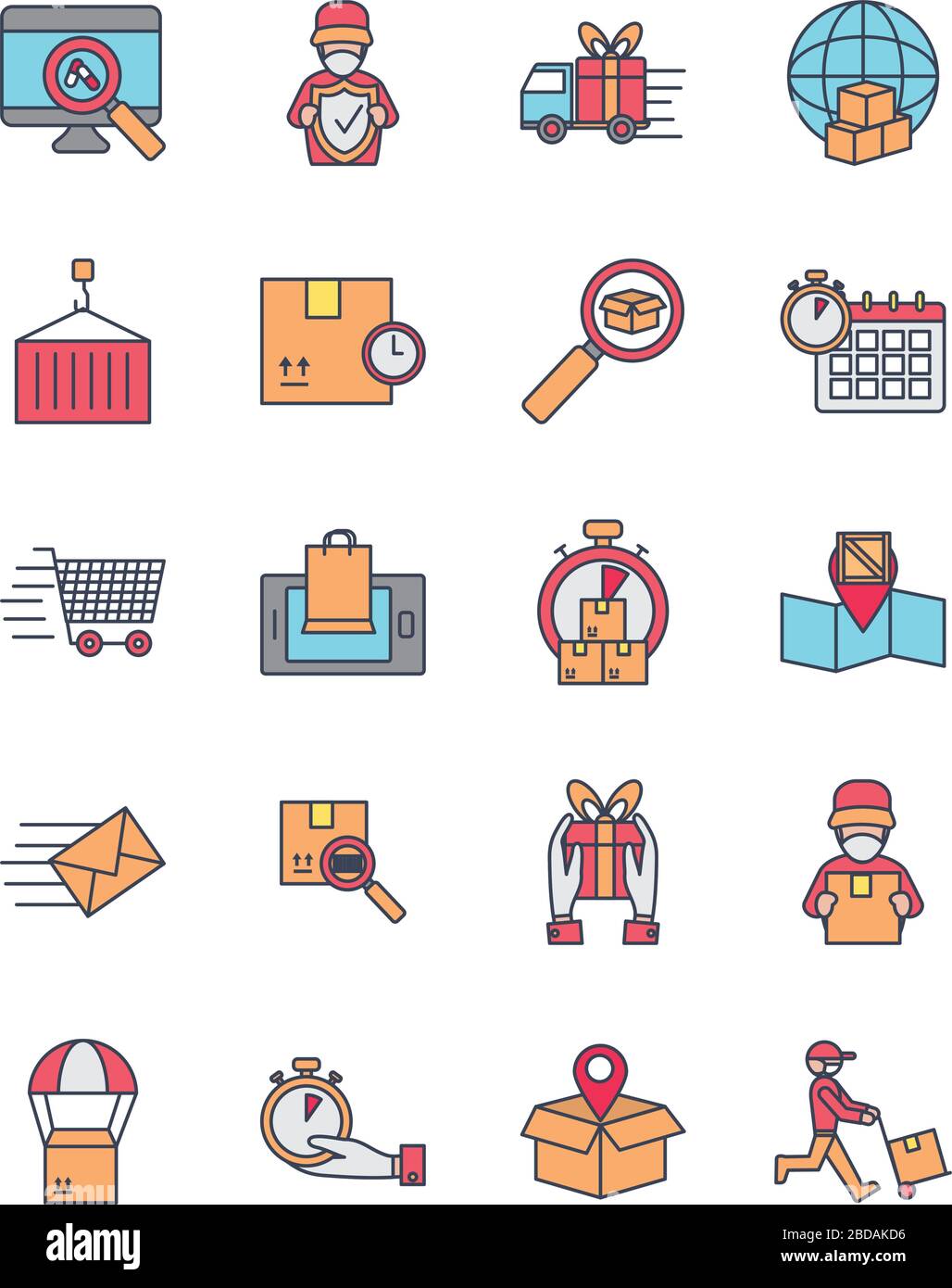 container and fast delivery icon set over white background, line and ...