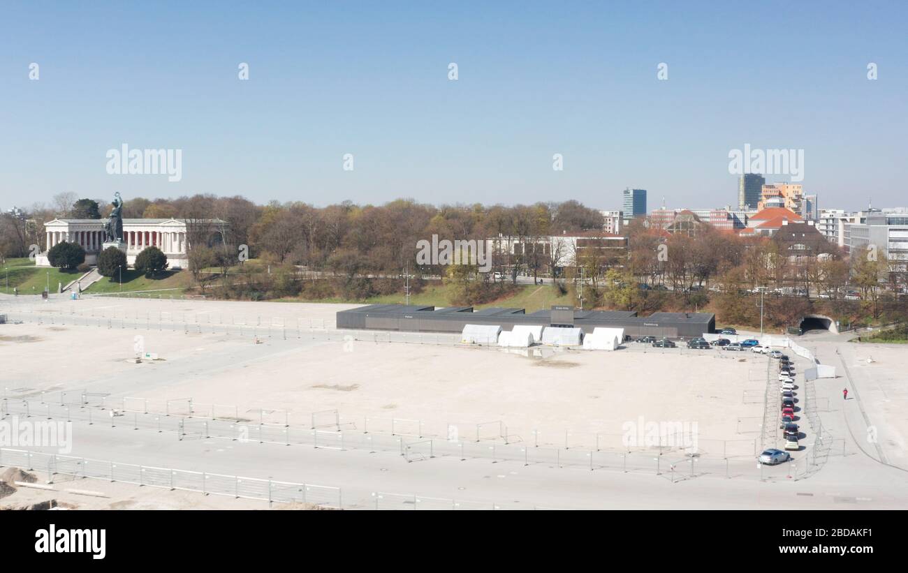 Munich - Germany - April 7, 2020: COVID-19 drive-through testing station at Theresienwiese. Stock Photo