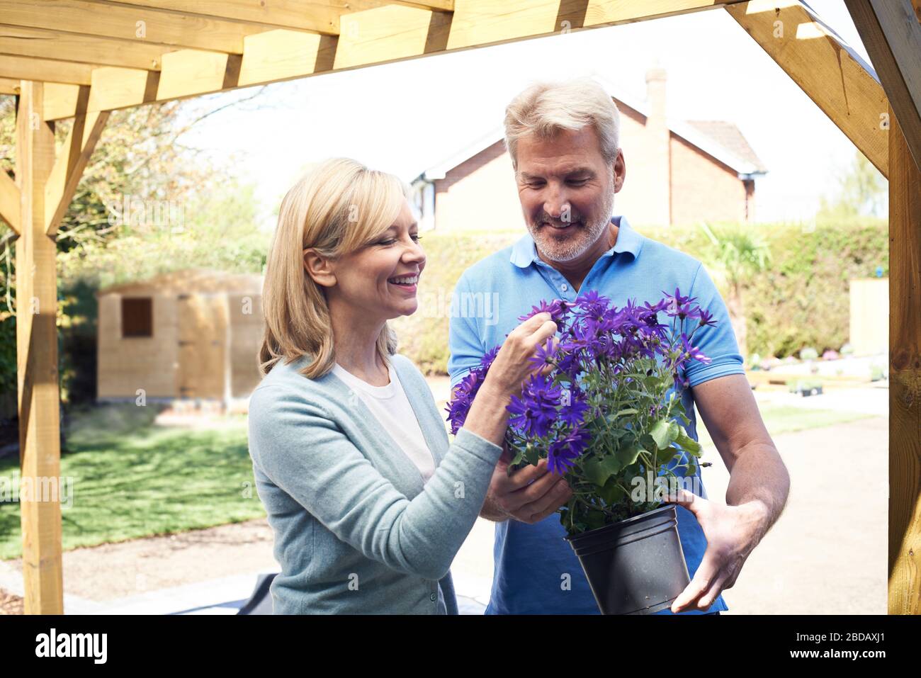 Landscape Gardener Advising Mature Woman On Garden Plants Stock Photo