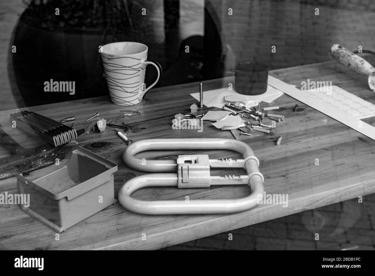 desktop in the workshop, tools lie on the table in the workshop Stock Photo