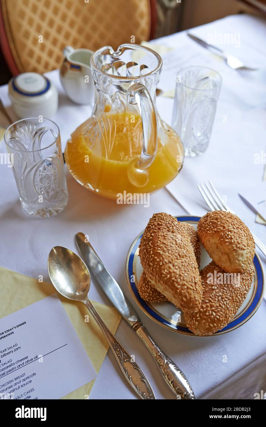 Breakfast in the restaurant car of the train; Stock Photo