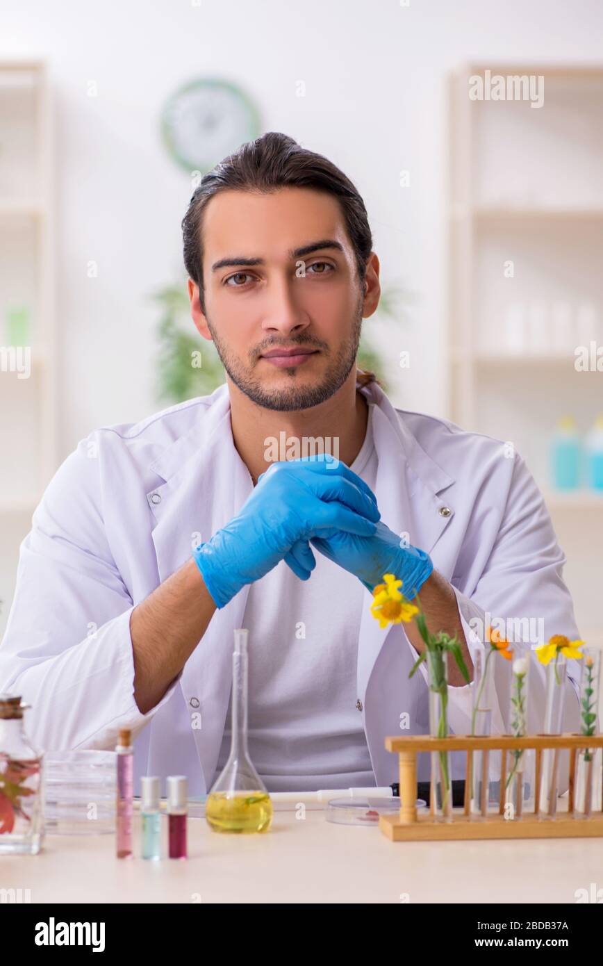 Young chemist in perfume synthesis concept Stock Photo Alamy
