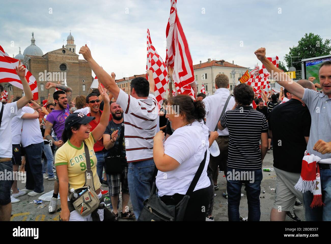 Padua, Italy, June 21, 2009.  Fans and ultras celebrate the Padova Football Club is promoted to Serie B. Stock Photo