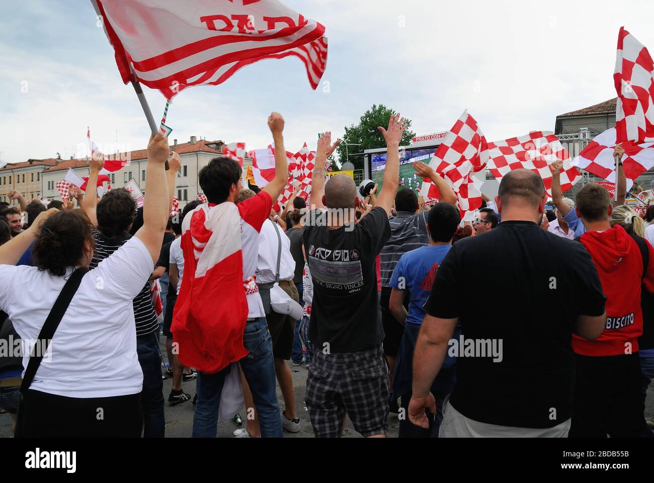 Padua, Italy, June 21, 2009.  Fans and ultras celebrate the Padova Football Club is promoted to Serie B. Stock Photo