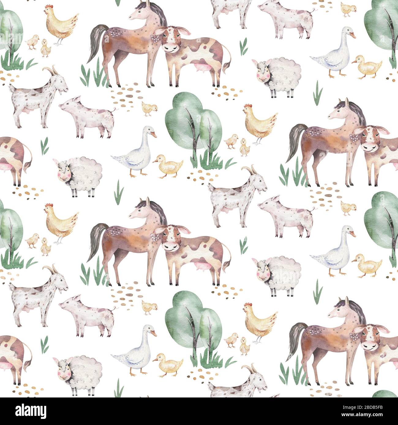 watercolor seamless pattern with cute farm animals with goat, horse ...