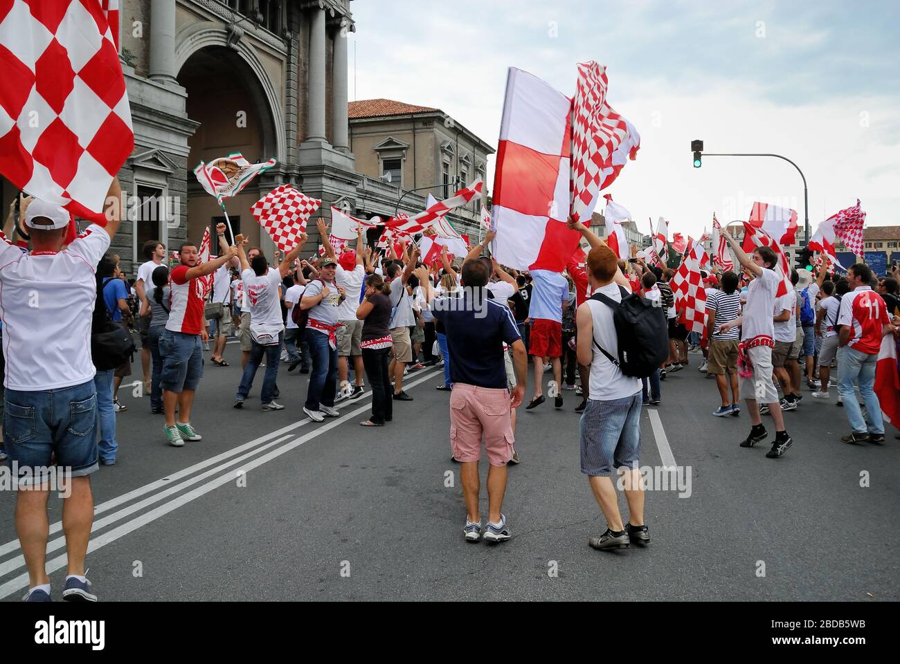 Padua, Italy, June 21, 2009.  Fans and ultras celebrate the Padova Football Club is promoted to Serie B. Stock Photo
