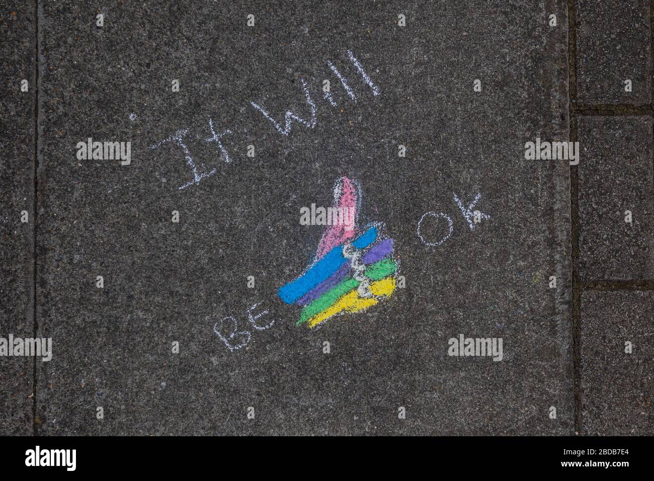 London, UK. 8th Apr 2020. It will be ok. Anonymous chalk message of hope drawn on a street in Clapham, SW London. Credit: Guy Bell/Alamy Live News Stock Photo