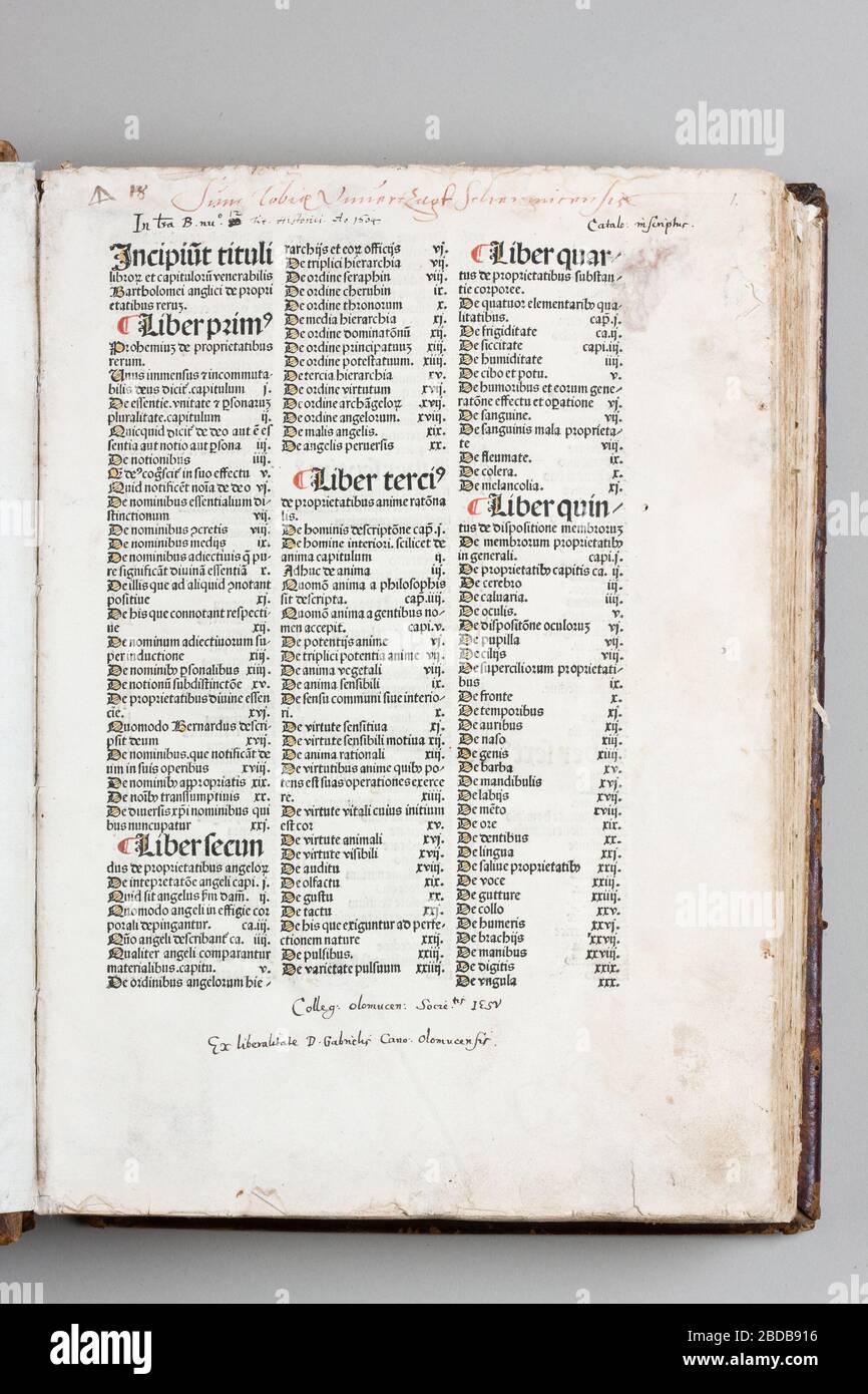 Bartolomaeus Anglicus, De proprietatibus rerum. År 1483. Innehålls  förteckning. Sko ink 13; Unknown dateUnknown date; LSH 87008 (sm dig4644  Stock Photo - Alamy