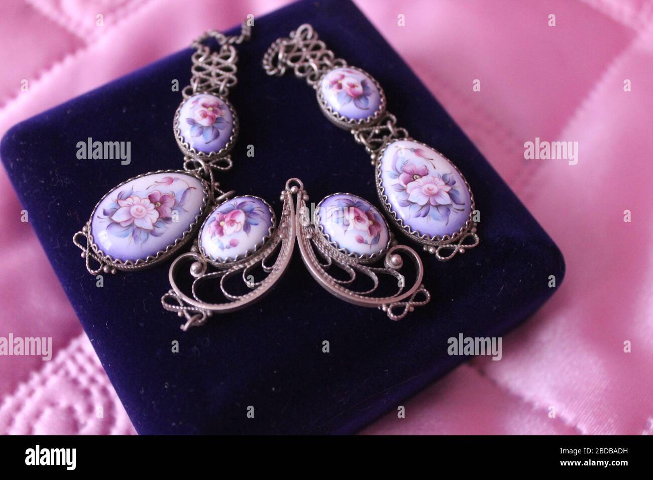 vintage necklace from blue enamel on velvet box for gift Stock Photo