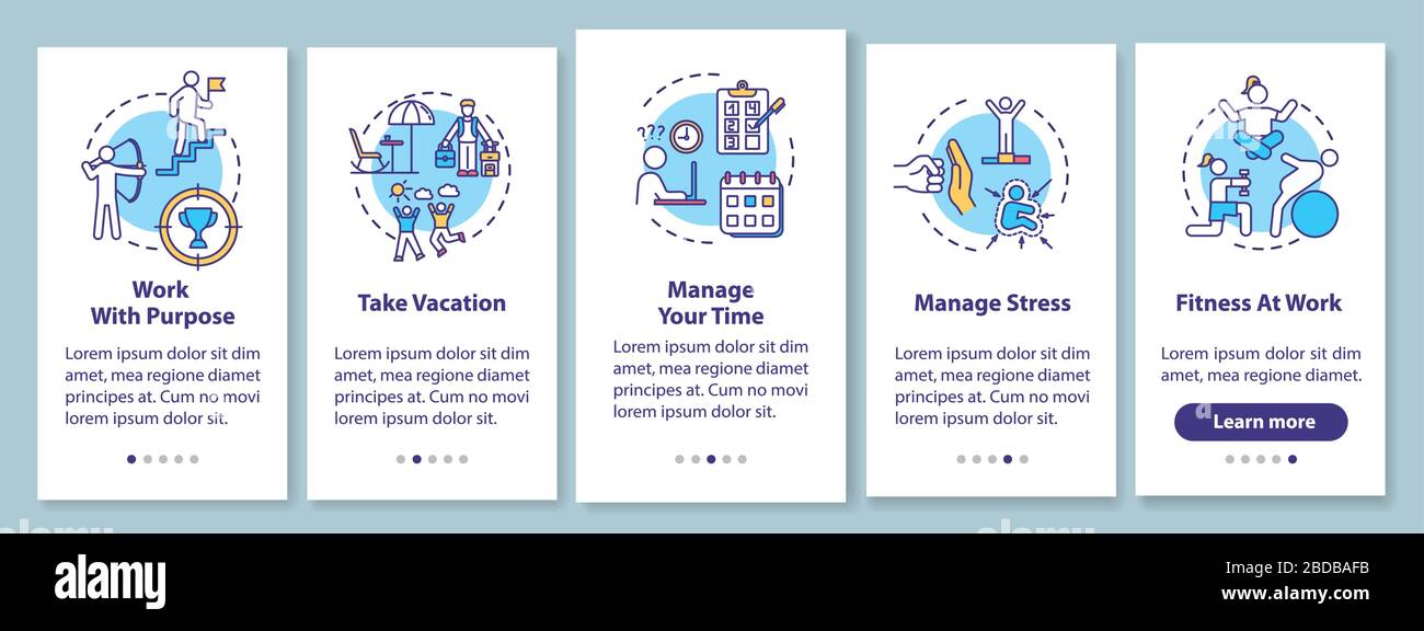 Avoid burnout onboarding mobile app page screen with concepts. Take ...