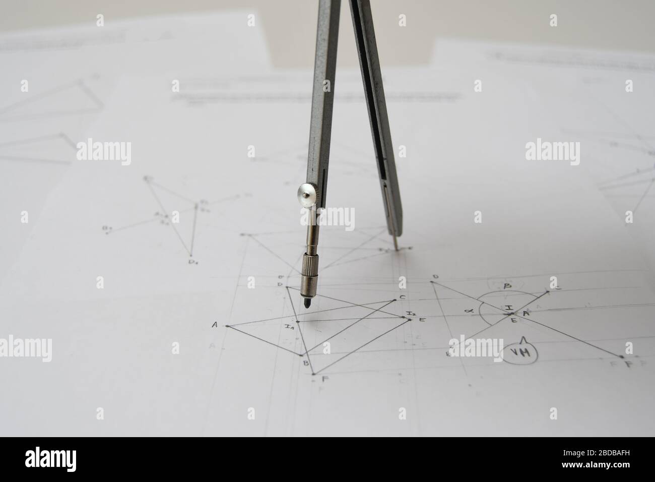 Technical drawing with drafting compass, papers Stock Photo Alamy